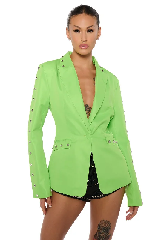 women's coats for business casual attireSTUDDED HEM BLAZER IN LIME