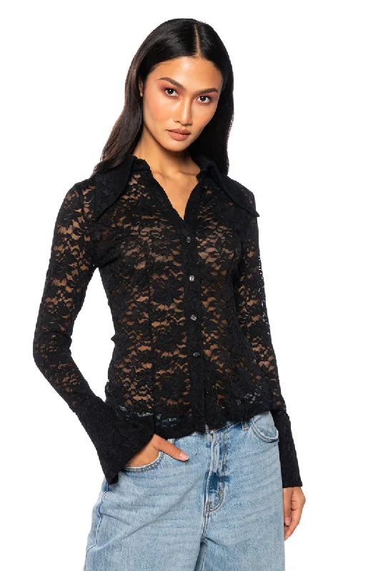 women's tops for those who want to wear versatile pieces that can be dressed up or downA SNEAK PEEK BUTTON DOWN LACE BLOUSE