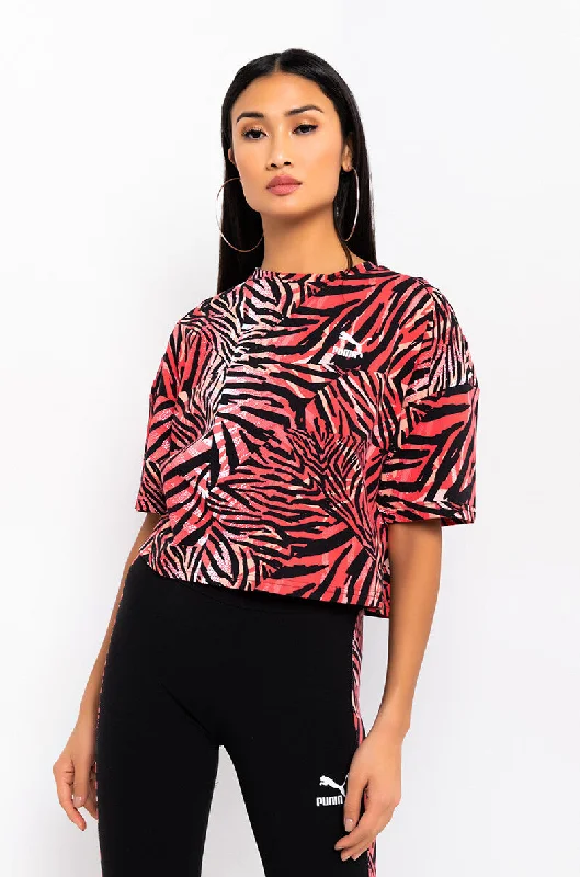 women's tops for casual FridaysPUMA ALL OVER ZEBRA BOYFRIEND CROP TEE