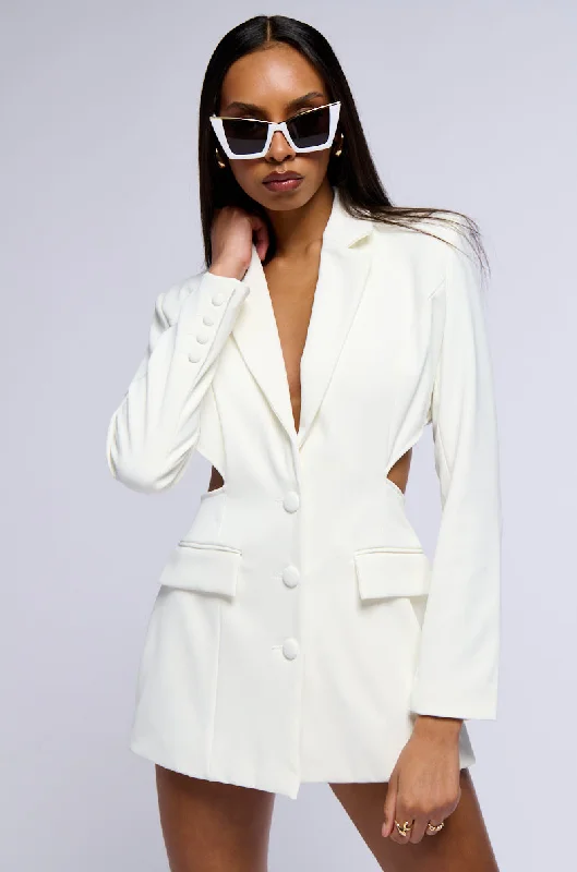 women's coats with asymmetrical hemsBIRDY BLAZER WITH BACK CUT OUT IN WHITE