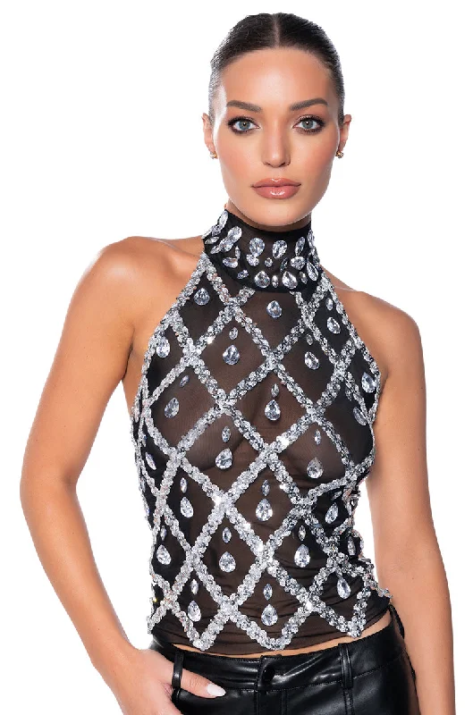 women's tops with spaghetti straps and deep V-necksDIAMONDS ARE FOREVER MOCK NECK SLEEVELESS MESH TOP