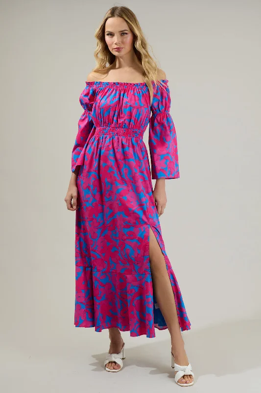 Ruffled Hem DressYeraldi Berry Tropics Off the Shoulder Bell Sleeve Midi Dress