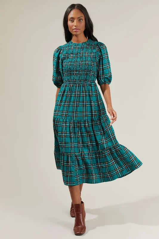 women's satin dressesMelody Plaid Smocked Tiered Midi Dress