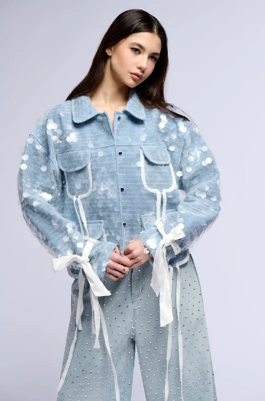 women's coats with Victorian-era influencesIN MY MIND SEQUIN DENIM JACKET