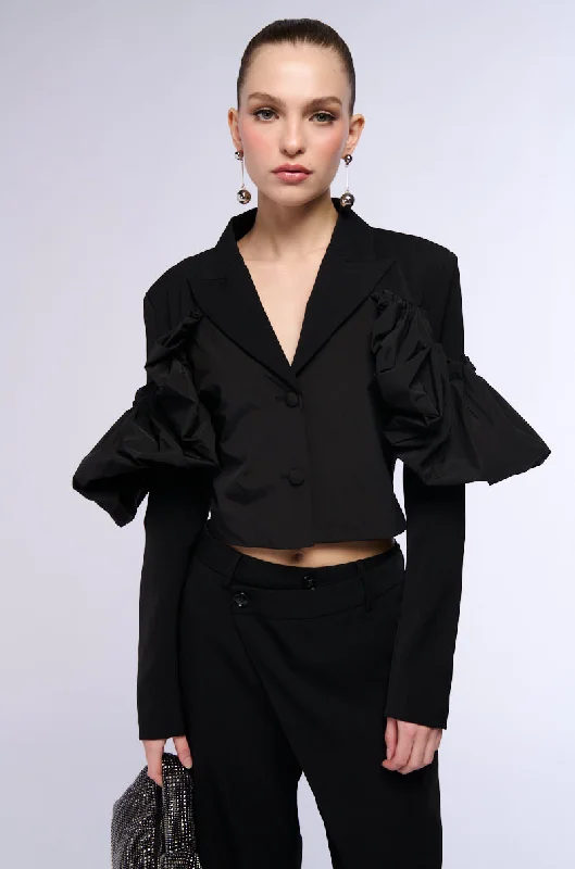 women's coats for winter sports enthusiastsILLUSION OFF DRAPED SHOULDER CROP BLAZER