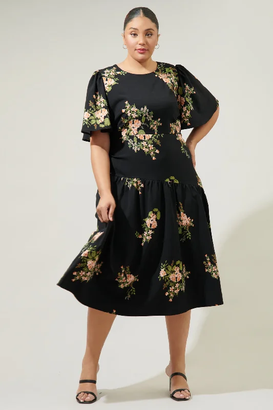 Bridesmaid DressJasleen Floral Bruna Drop Waist Midi Dress Curve