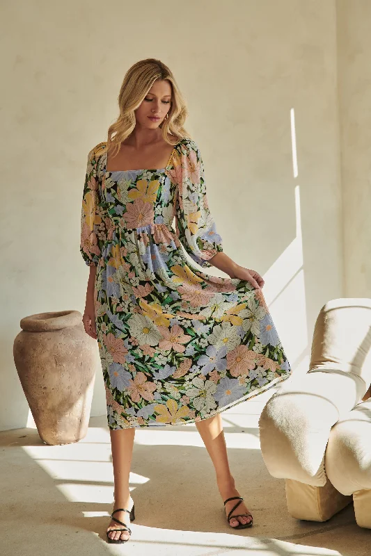 Velvet DressTopanga Floral Amaretto Puff Sleeve Midi Dress