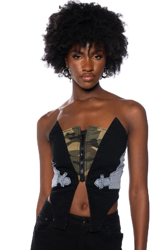 women's tops with ruffled hemsAVIATOR CAMO AND DENIM CORSET TOP