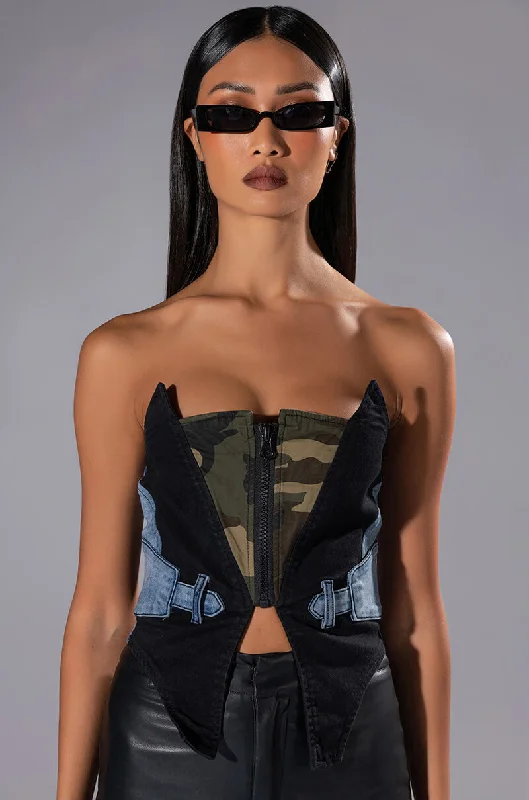 women's tops for those who want to add a bit of flair and personality to their looksAVIATOR CAMO AND DENIM CORSET TOP