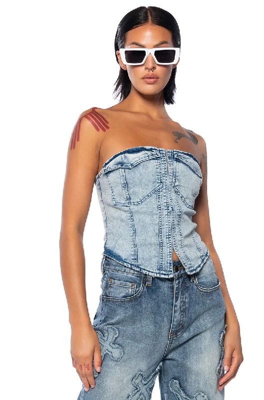 women's tops for vintage fashion enthusiastsALEX ACID WASH DENIM CORSET