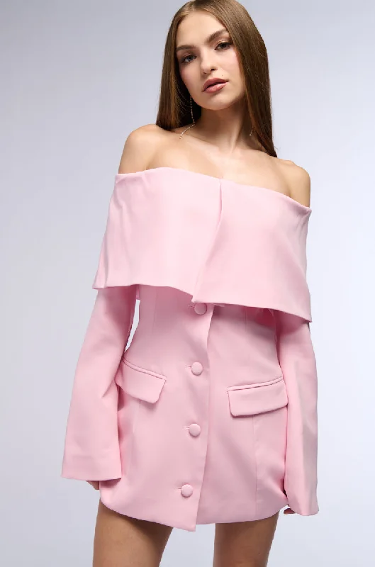 women's coats with sheer overlaysPRETTY IN PINK OFF THE SHOULDER BLAZER DRESS