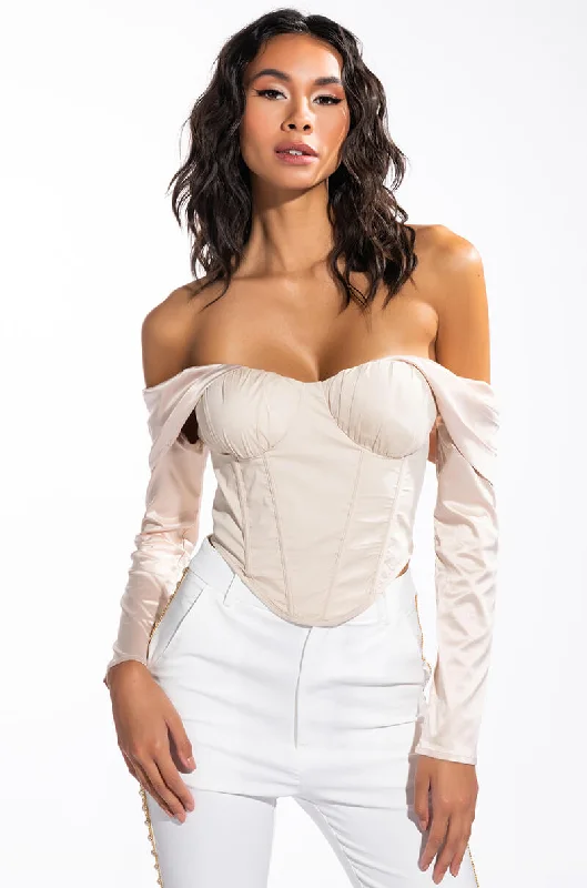 women's tops for those who prefer classic over trendy stylesIF YOU LOVE ME SAY SO OFF THE SHOULDER POPLIN CORSET BLOUSE