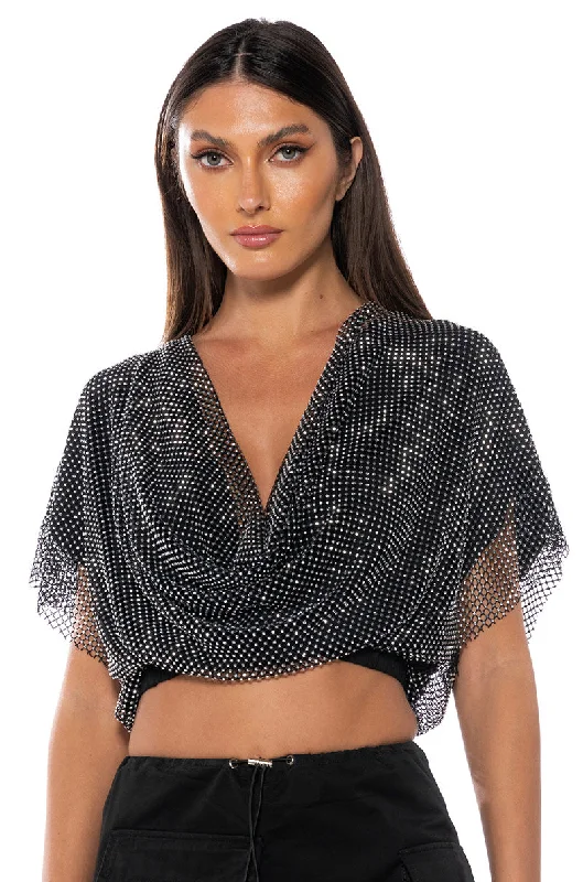 women's tops for black-tie affairsINDIGO DRAPED RHINESTONE MESH BLOUSE