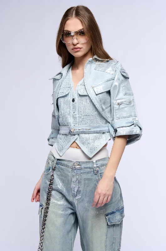 women's coats for cold weatherCARGO CROPPED CUT METALLIC DENIM JACKET