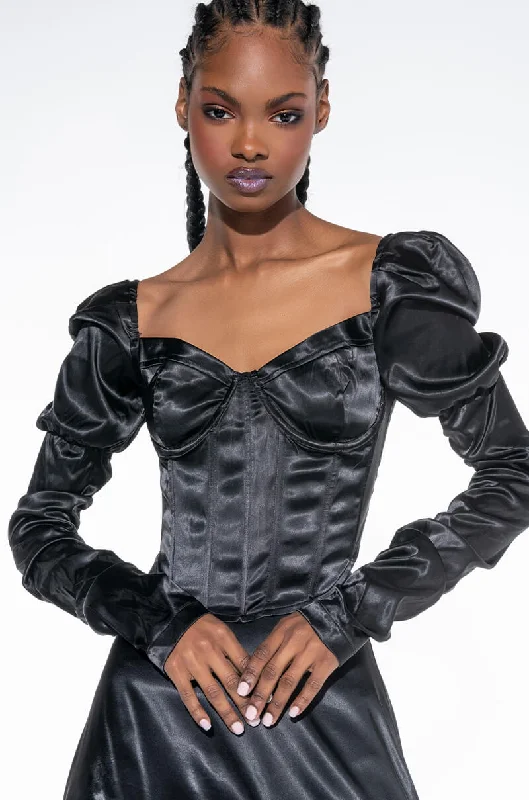 women's tops for those who want to wear pieces that are both comfortable and stylishTAKING NAMES RUCHED SLEEVE CORSET BLOUSE BLACK