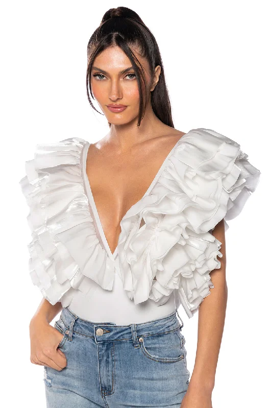 breathable women's tops for summerROMANTIC RUFFLED BODYSUIT IN WHITE