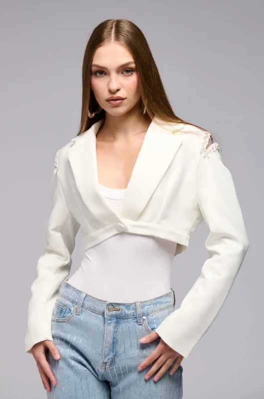 women's coats with button-down frontsCROP COLD SHOULDER BLAZER WTIH RHINESTONE