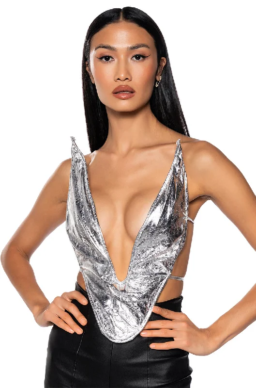 women's tops for mixing and matching with different bottomsALIEN SUPERSTAR DRAMATIC METALLIC HALTER TOP