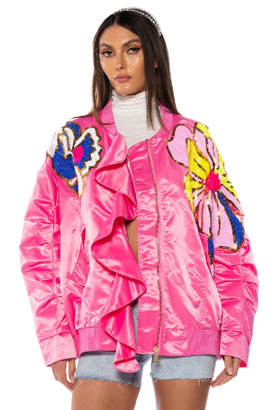 women's coats with hoodsTENTENDO NYLON BOMBER WITH SEQUIN FLOWERS