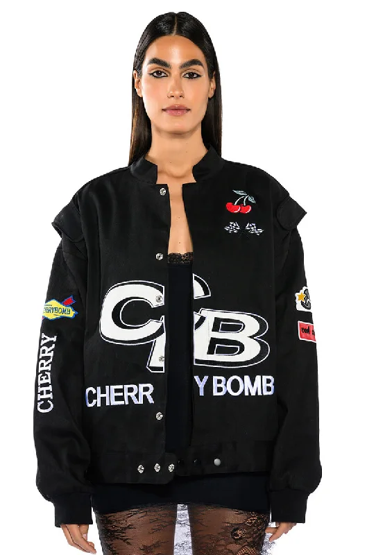 women's coats for vintage fashion enthusiastsCHERRY BOMB OVERSIZED RACER BOMBER