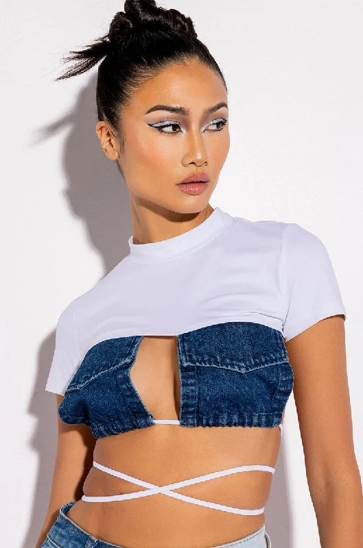 women's tops with unique designsJEUNE POCKET DETAIL CUTOUT CROP TEE