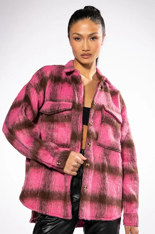 women's coats with belted waistsON THE MOVE PLAID SHACKET