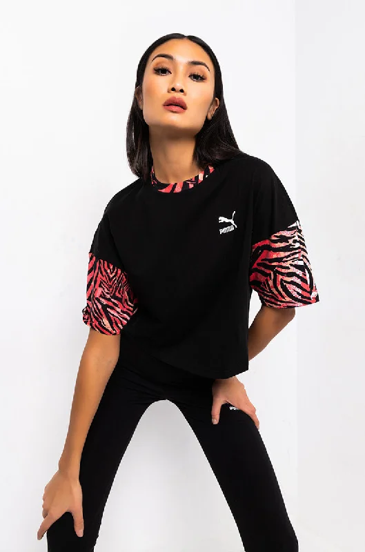 women's tops for smart casual looksPUMA ZEBRA SLEEVE BOYFRIEND CROP TEE