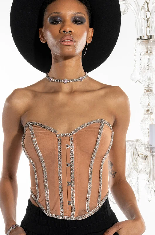 women's tops for fashion-forward individualsI'M LEGIT RHINESTONE TRIM MESH CORSET