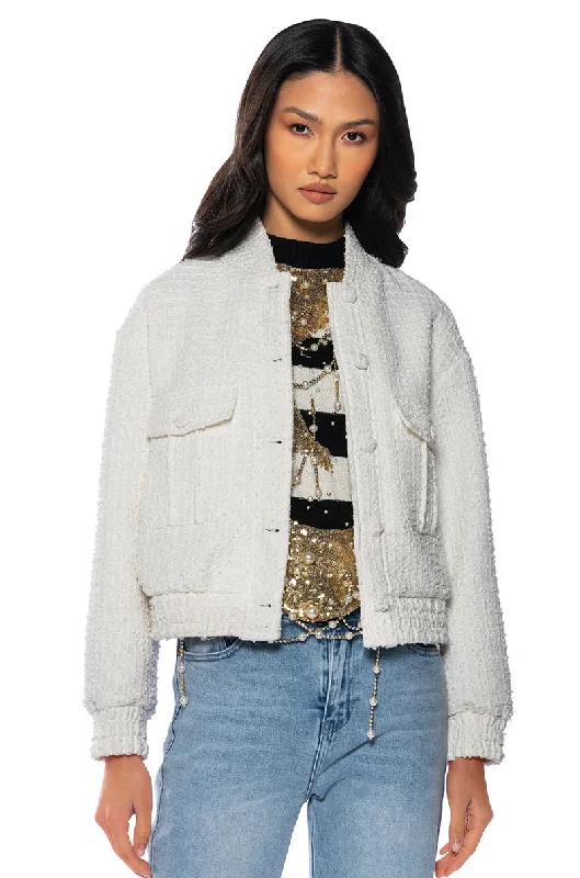 women's coats with lace detailingDAYTIME DRAMA TWEED BOMBER