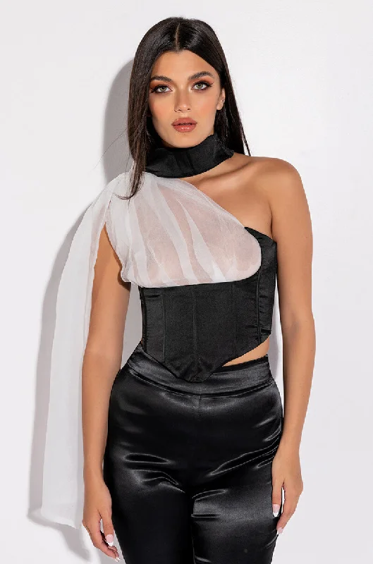 women's tops for those who appreciate subtle and muted tonesSPOTLIGHTS ONE SHOULDER SATIN CORSET BLOUSE