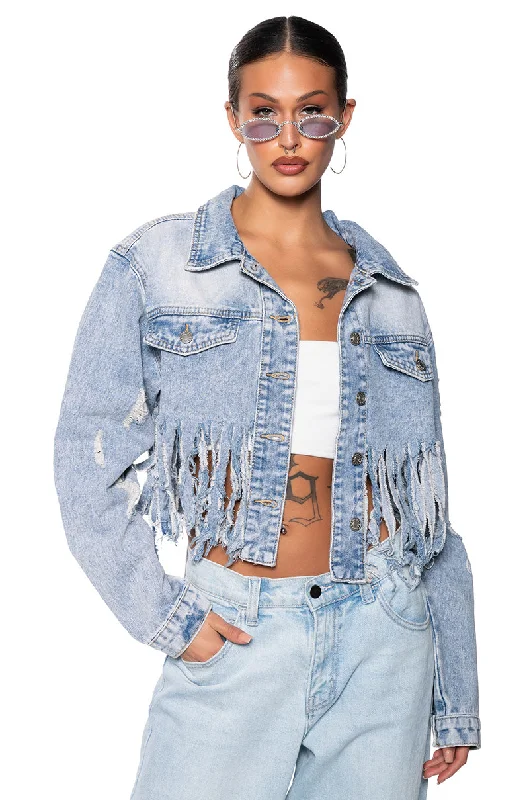 sustainable women's coatsSHREDDED FRINGE CROPPED DENIM JACKET