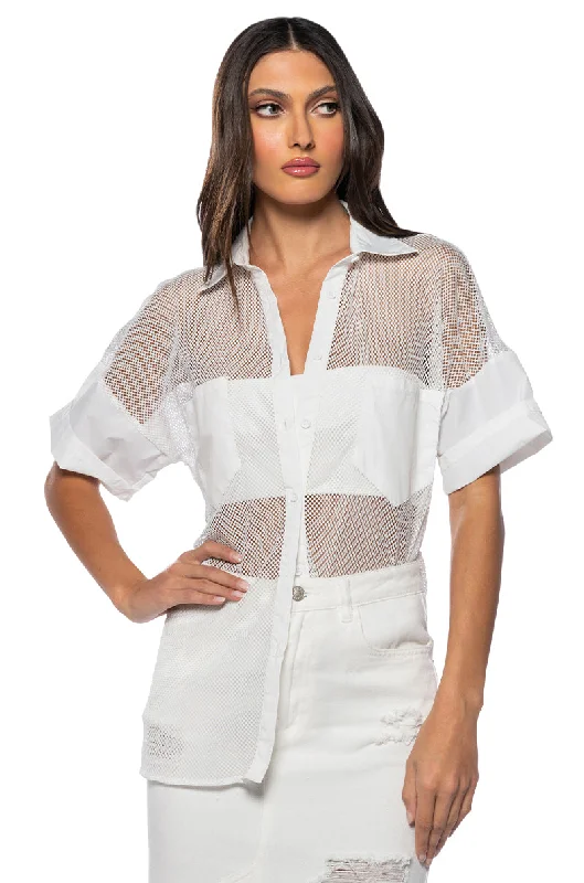 women's tops for those who want to create stylish and put-together outfits without spending a fortuneOVERSIZED MESH SHORT SLEEVE BUTTON DOWN IN WHITE