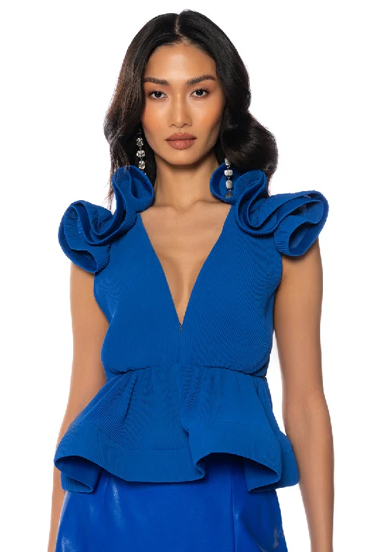 women's tops with spaghetti straps and deep V-necksLUSH BODY PLEATED PEPLUM BLOUSE