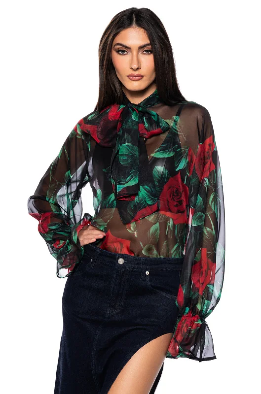 women's tops for gala dinnersNEVER TOO LATE ROSE PRINT TIE NECK BLOUSE