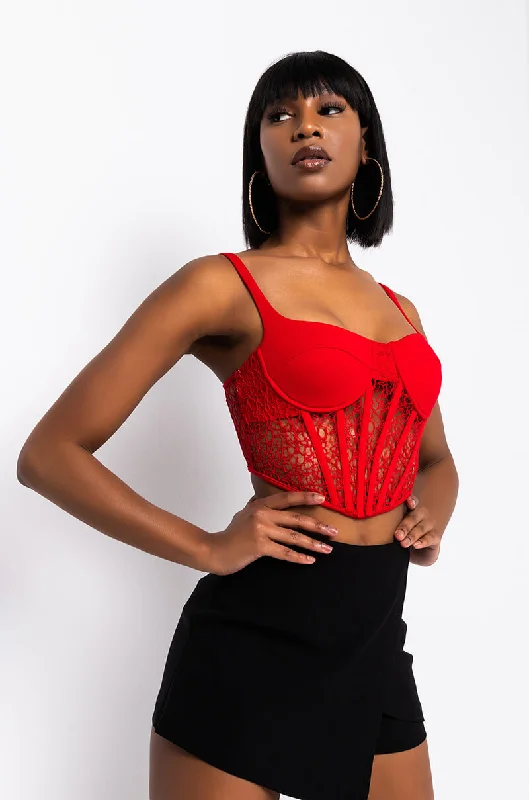 luxury women's topsSO I CREEP, LACE DETAIL CORSET TOP RED