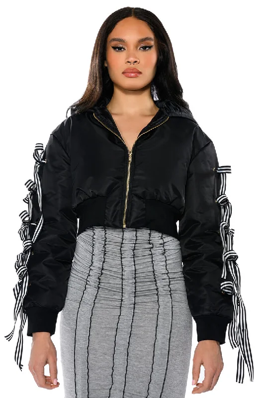 women's coats with cropped lengthsBETTER LUCK NEXT TIME BOMBER WITH LACES