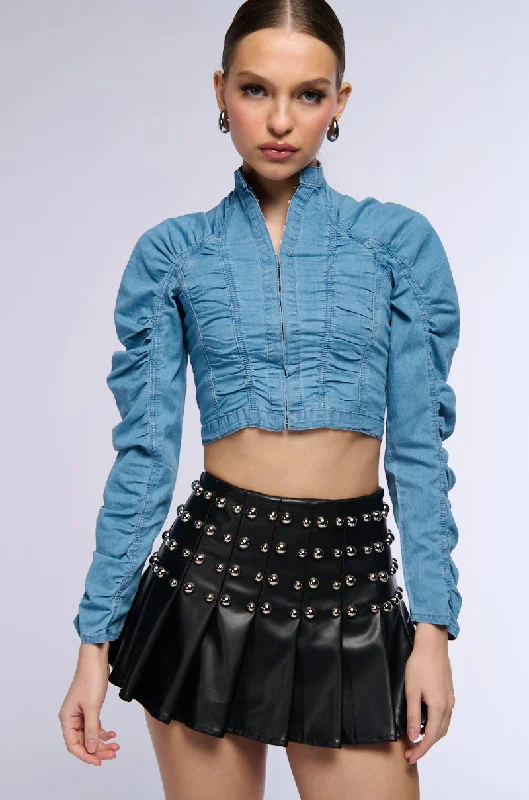 women's coats for those who want to make a fashion statementRUCHED DENIM JACKET