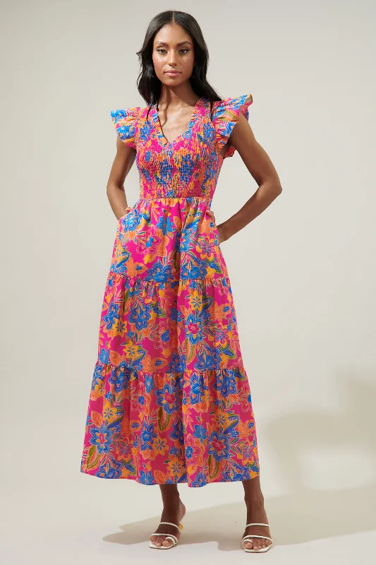 women's body-skimming dressesRanchero Floral Sunfire Smocked Bodice Tiered Midi Dress