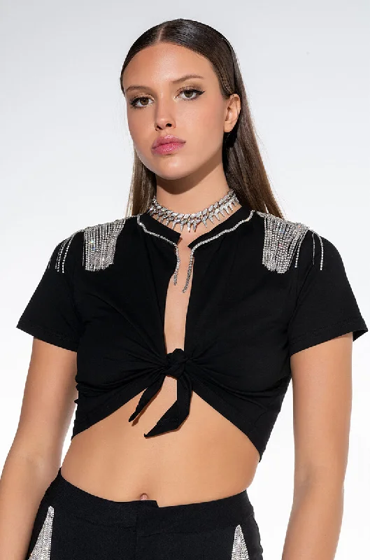 women's tops for those who want to create outfits that are both trendy and timelessHOUSTON ATLANTA VEGAS EMBELLISHED TIE FRONT CROP TOP