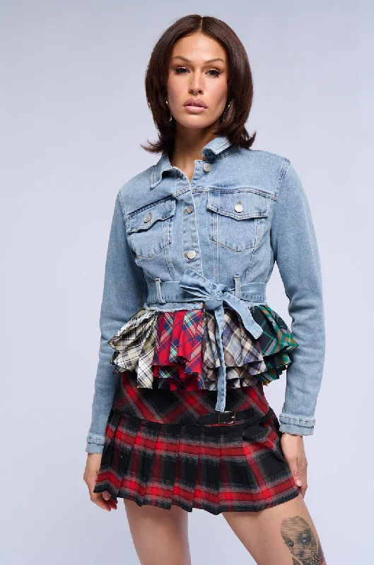 trendy women's coatsBABY GIRL PLAID PEPLUM DENIM JACKET