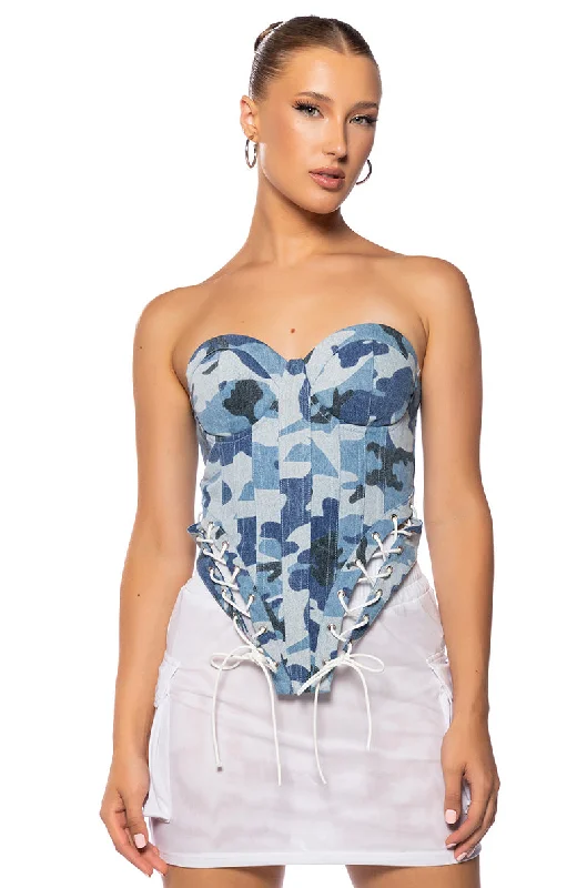 women's tops in solid colorsSEEING DOUBLE CAMO LACE UP CORSET