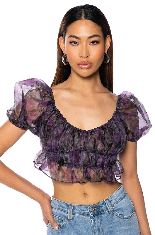 women's tops for those who want to make a fashion statementRAIN PRINTED ORGANZA RUCHED CROP BLOUSE