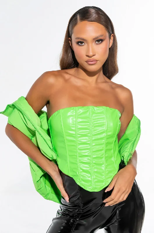 women's tops for those who prefer classic over trendy stylesBOTTOMS UP FAUX LEATHER CORSET