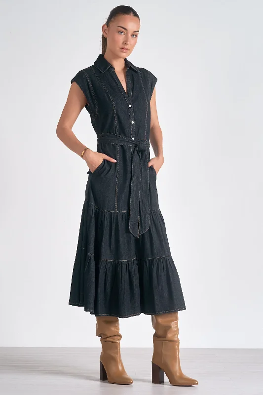 women's shift dressesMidi Cap Sleeve Belted Dress