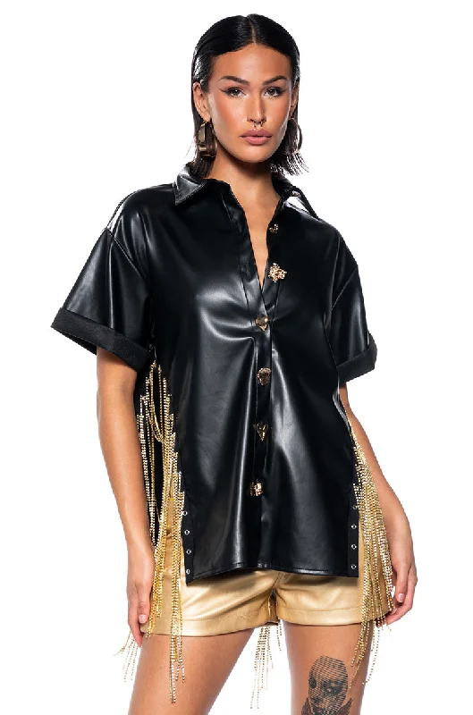 women's tops with bell sleevesABOVE AVERAGE CHAIN DETAIL BUTTON DOWN TOP