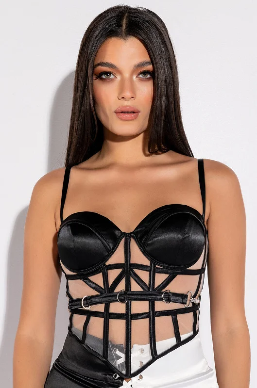 women's tops for those who want to create outfits that are both unique and memorableCATCH MY DRIFT MESH PANEL SATIN BUSTIER