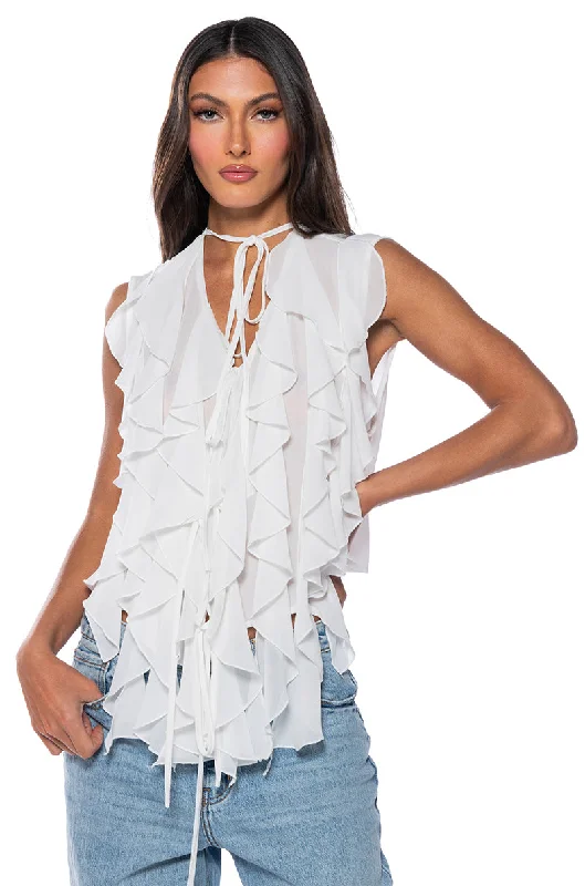 women's tops for those who want to wear versatile pieces that can be dressed up or downCURIOUS ABOUT YOU RUFFLE TOP