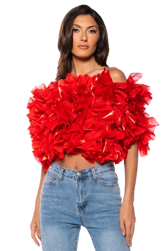 women's tops with cold-shoulder cutsMUST BE DREAMING RUFFLE CROP BLOUSE