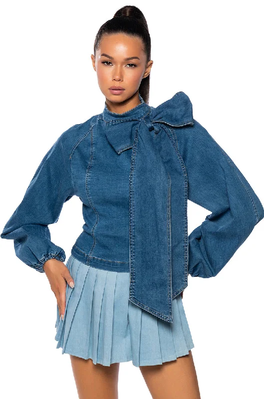 women's tops for those who want to wear pieces that are both comfortable and stylishBELIEVE IN MY OWN BOW DETAIL MEDIUM BLUE DENIM TOP