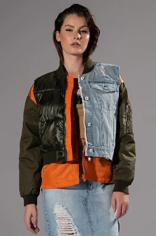 women's coats for those who love to mix and matchTUCKER MIXED DENIM BOMBER JACKET